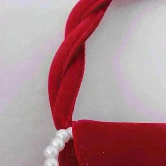 Burgundy Velvet Faux Pearl Handle Handbag - Picture 6 of 6